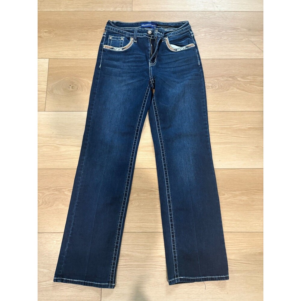 Westfield Eagle Blue Denim Jeans Size 7 Ornate Embroidered Cross Pockets Bling